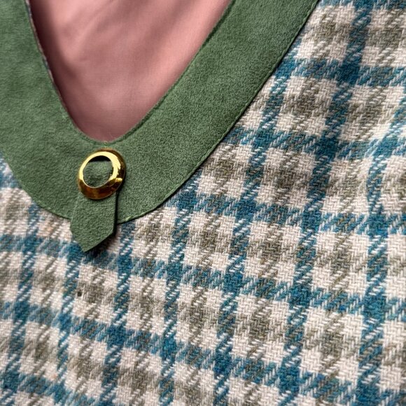 Vintage Wool Suede Green Sleeveless Checkered Pullover Vest Plaid Womens S/M - Picture 12 of 14